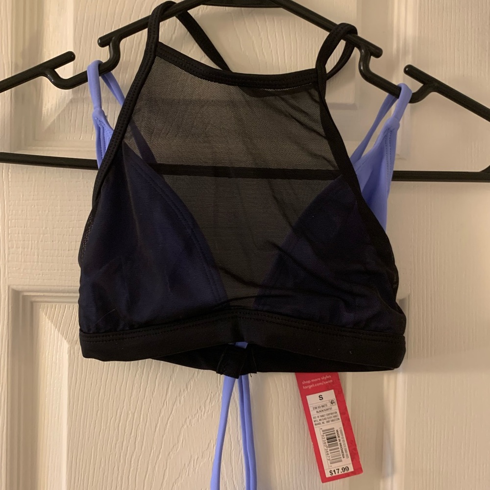 Xhilaration blue/lilac and black mesh halter overlay bikini top NWT